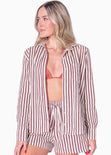 Camisa de botones manga larga con rayas color beige para mujer - Flashy