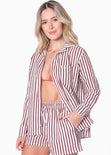 Camisa de botones manga larga con rayas color beige para mujer - Flashy