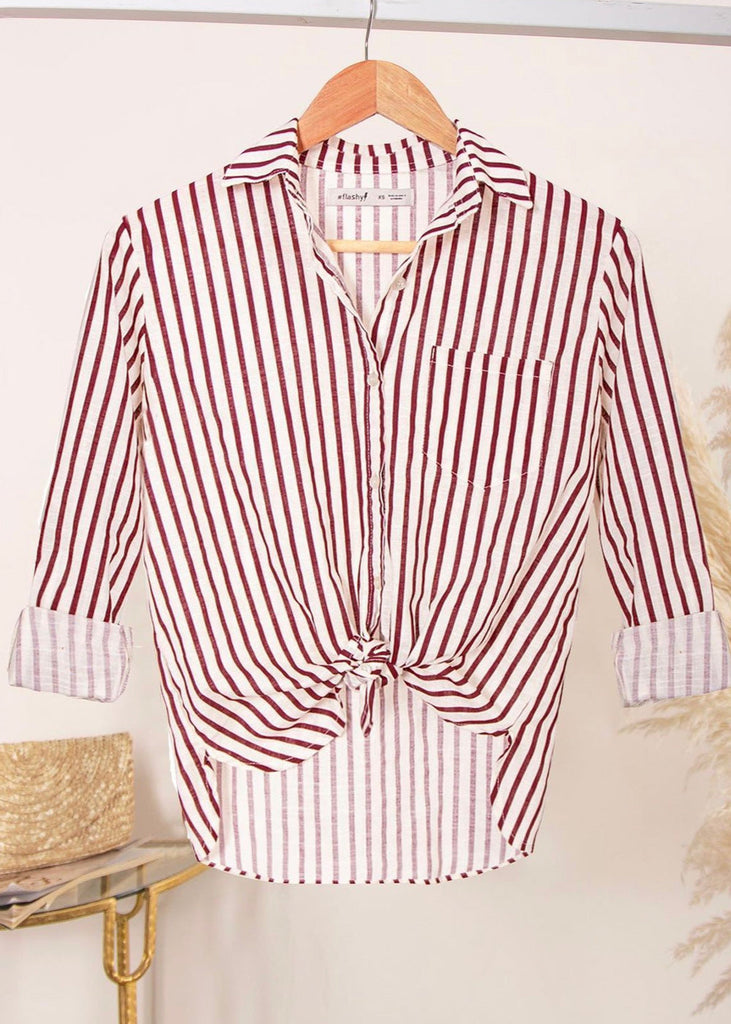Camisa de botones manga larga con rayas color beige para mujer - Flashy