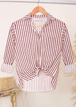 Camisa de botones manga larga con rayas color beige para mujer - Flashy