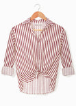 Camisa de botones manga larga con rayas color beige para mujer - Flashy