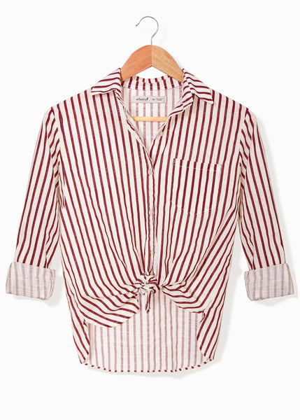 Camisa de botones manga larga con rayas color beige para mujer - Flashy