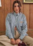 Camisa estampada de rayas con bordados en bolsillo color azul para mujer - Flashy