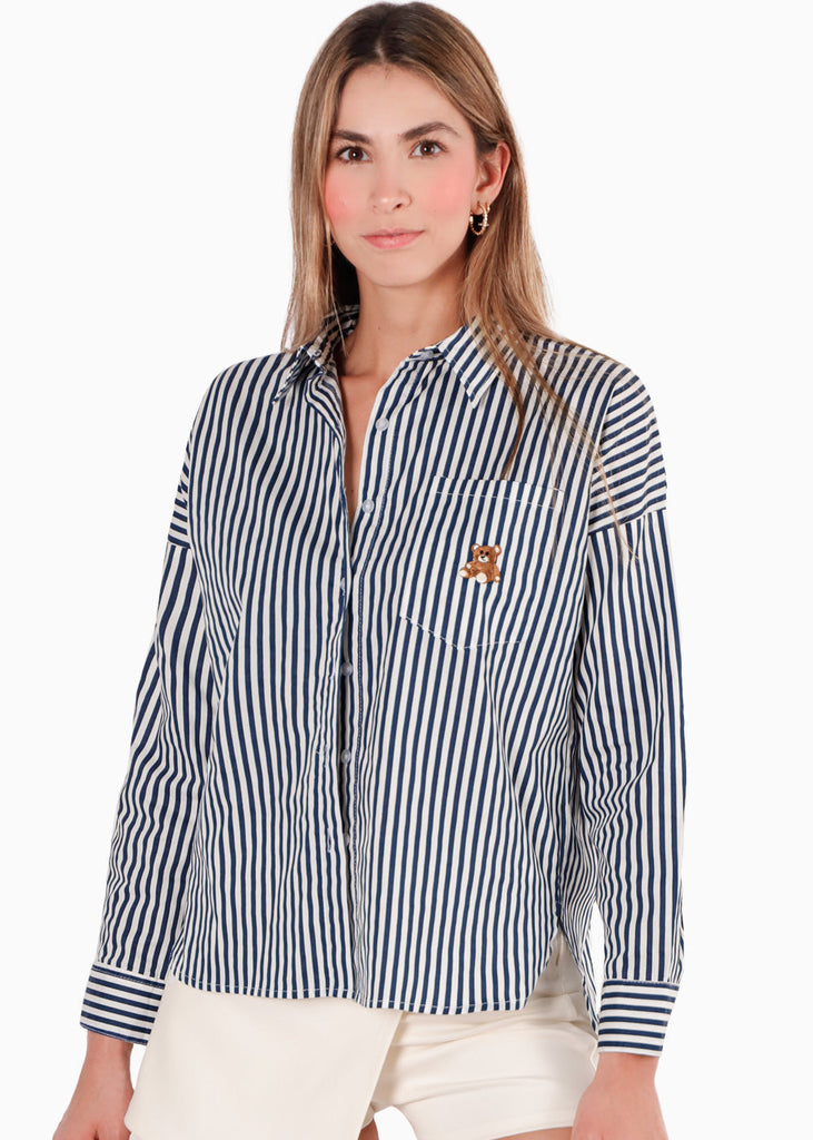 Camisa estampada de rayas con bordados en bolsillo color azul para mujer - Flashy
