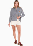 Camisa estampada de rayas con bordados en bolsillo color azul para mujer - Flashy
