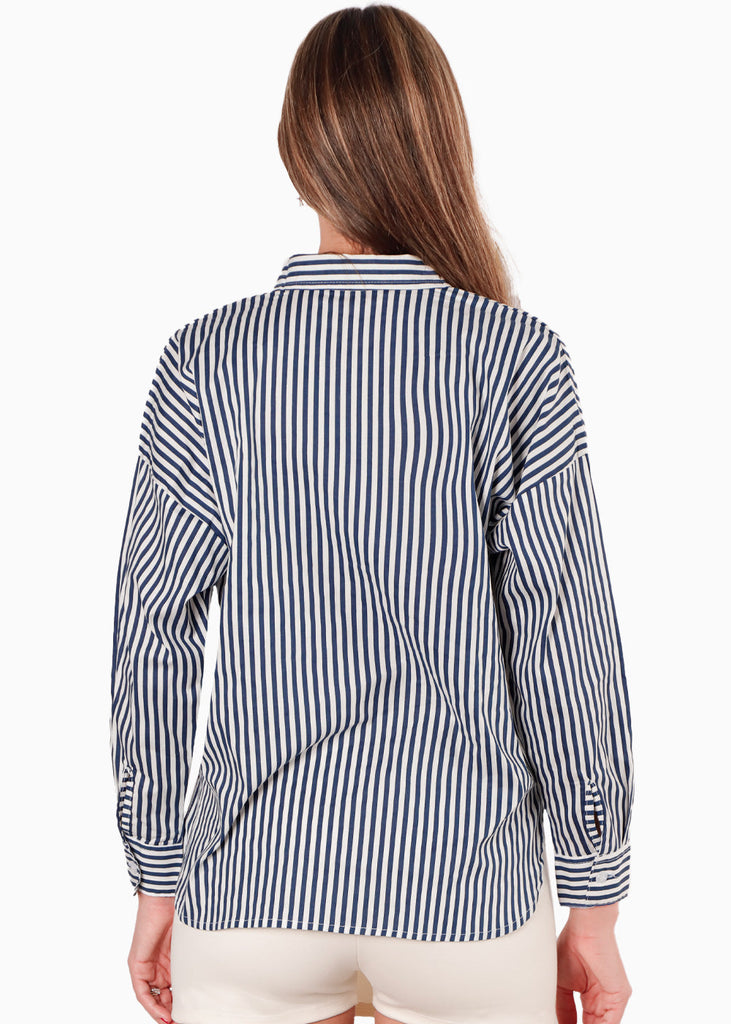 Camisa estampada de rayas con bordados en bolsillo color azul para mujer - Flashy