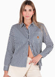 Camisa estampada de rayas con bordados en bolsillo color azul para mujer - Flashy