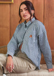 Camisa estampada de rayas con bordados en bolsillo color azul para mujer - Flashy