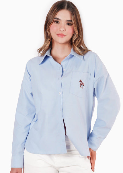 Camisa manga larga con cuello y perilla bordado en bolsillo color azul para mujer - Flashy