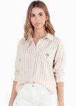 Camisa manga larga de rayas con cuello y perilla bordado en bolsillo - MELON