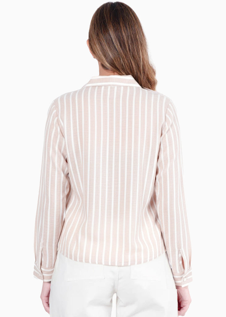 Camisa manga larga de rayas con cuello y perilla bordado en bolsillo - MELON