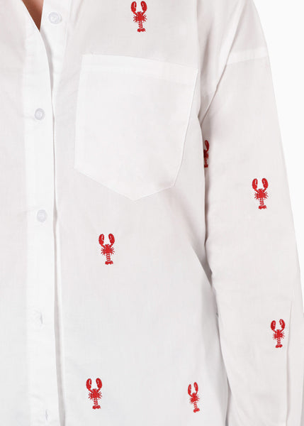 Camisa manga larga oversized con botones y bordado color blanco, marfil para mujer - Flashy