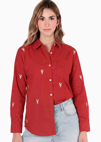 Camisa manga larga oversized con botones y bordado color rojo para mujer - Flashy