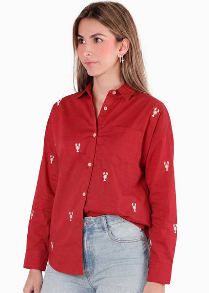 Camisa manga larga oversized con botones y bordado color rojo para mujer - Flashy