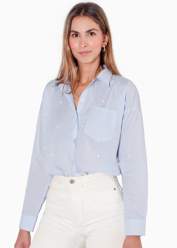 Camisa manga larga oversized con botones y perlas color azul para mujer - Flashy