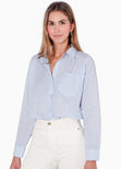 Camisa manga larga oversized con botones y perlas color azul para mujer - Flashy