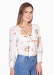 Blusa de flores manga larga con anudado en escote para mujer - Flashy