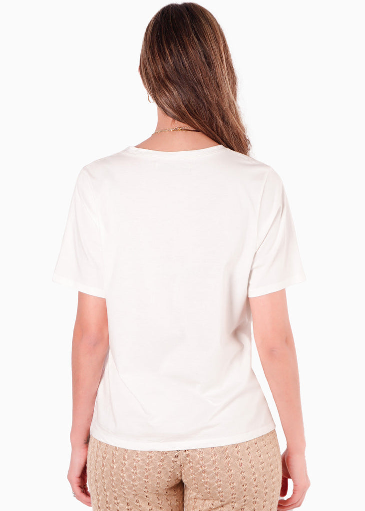 Camiseta básica con estampado de palmera "Joy in summer" color blanco, marfil para mujer - Flashy