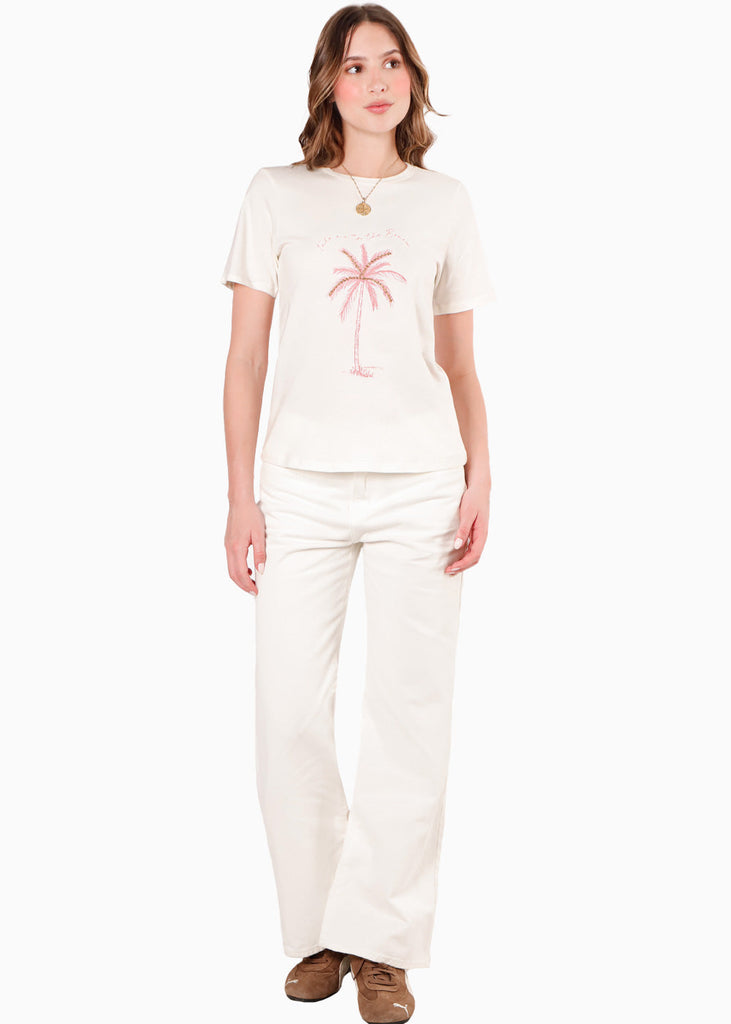 Camiseta basica con estampado de palmera color marfil, blanco para mujer - Flashy