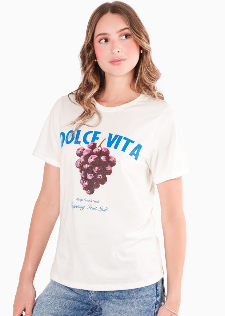 Camiseta basica con estampado color marfil, blanco para mujer - Flashy