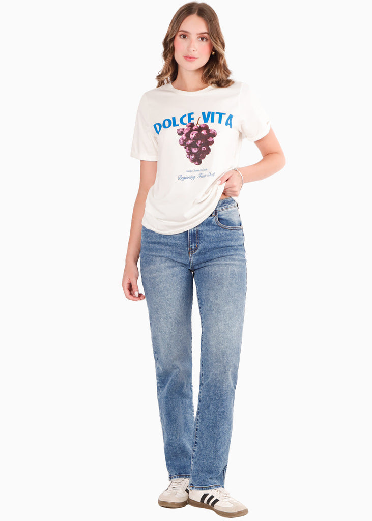 Camiseta basica con estampado color marfil, blanco para mujer - Flashy