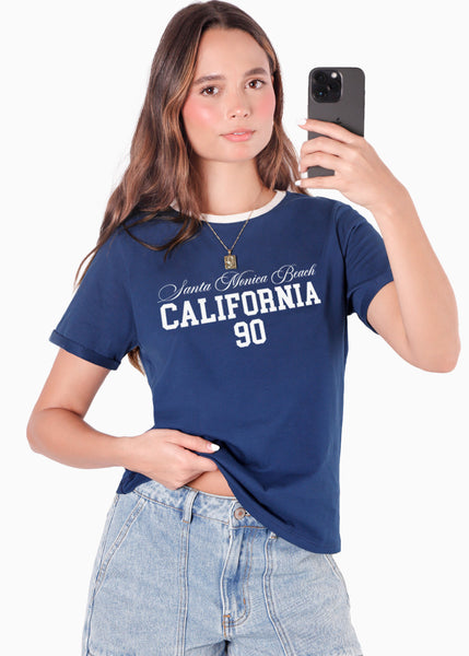 Camiseta básica con estampado “Santa Monica beach” con cuello en contraste color azul para mujer - Flashy