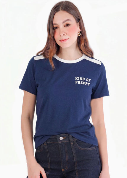 Camiseta basica con estampado y con rayas y cuello en contraste - SEDONA.AZUL