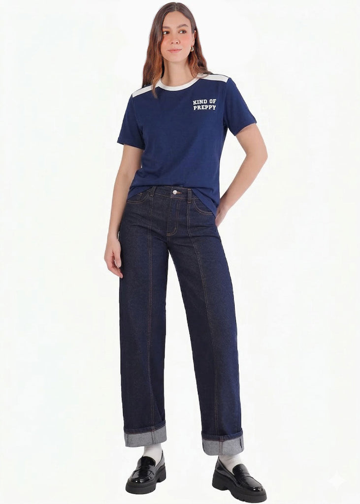 Camiseta basica con estampado y con rayas y cuello en contraste - SEDONA.AZUL