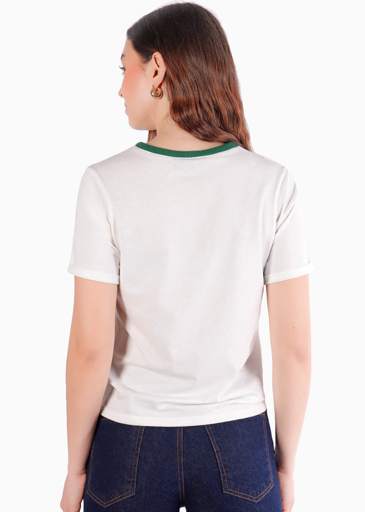 Camiseta basica con estampado y con rayas y cuello en contraste - SEDONA