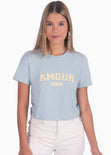 Camiseta corta con ojaletes en costados color azul para mujer - Flashy