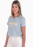 Camiseta corta con ojaletes en costados color azul para mujer - Flashy