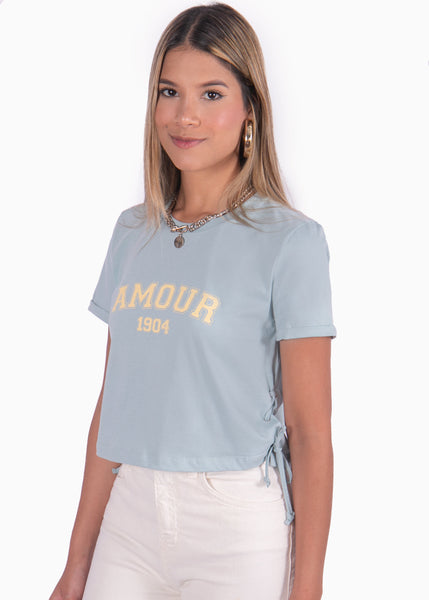 Camiseta corta con ojaletes en costados color azul para mujer - Flashy