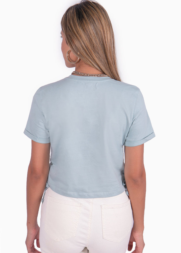 Camiseta corta con ojaletes en costados color azul para mujer - Flashy