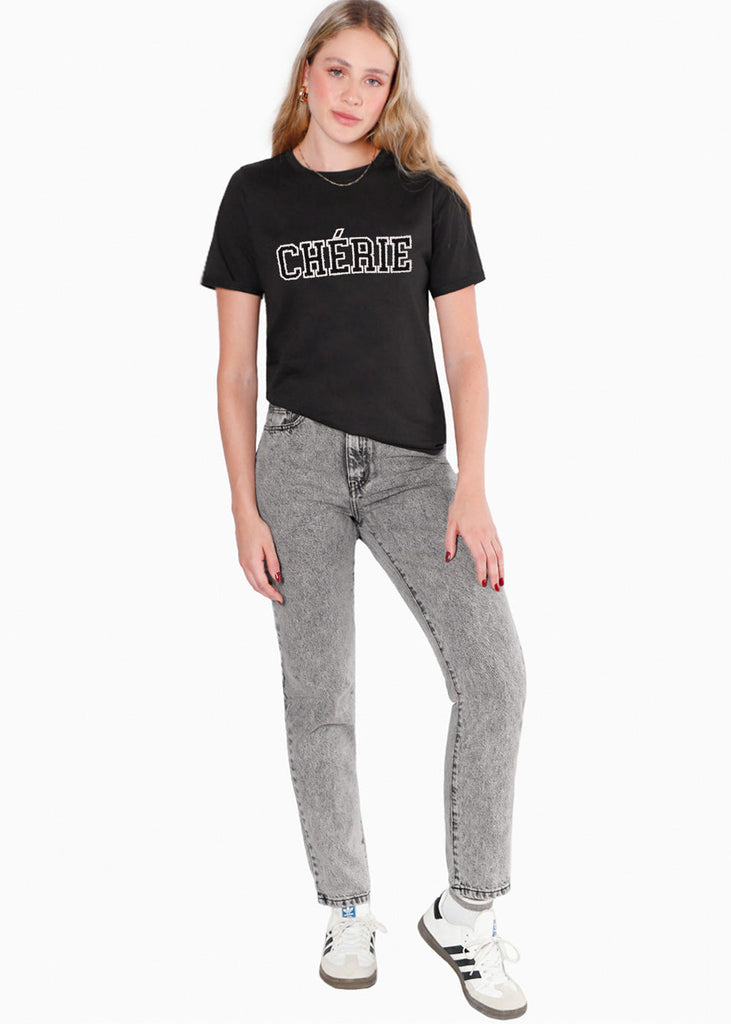 Camiseta con aplique "CHERIE" color negro para mujer - Flashy