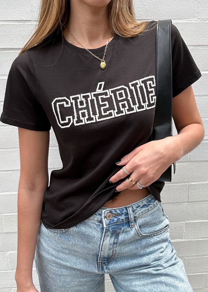 Camiseta con aplique "CHERIE" color negro para mujer - Flashy