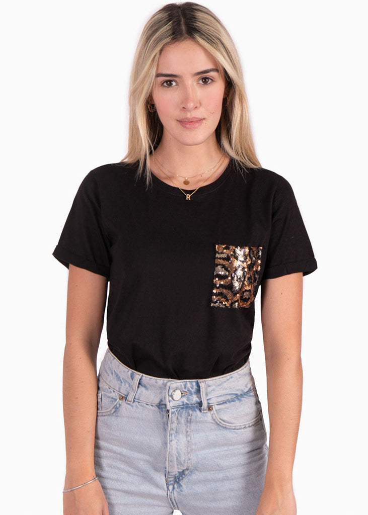 Camiseta con bolsillo de lentejuelas color negro para mujer - Flashy