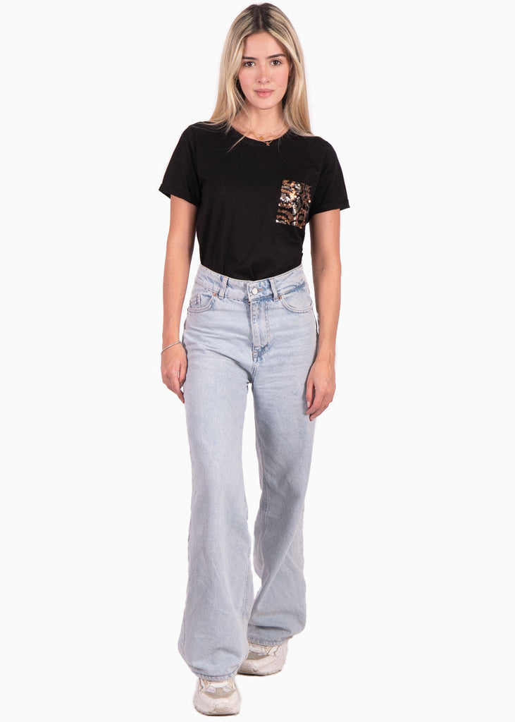 Camiseta con bolsillo de lentejuelas color negro para mujer - Flashy