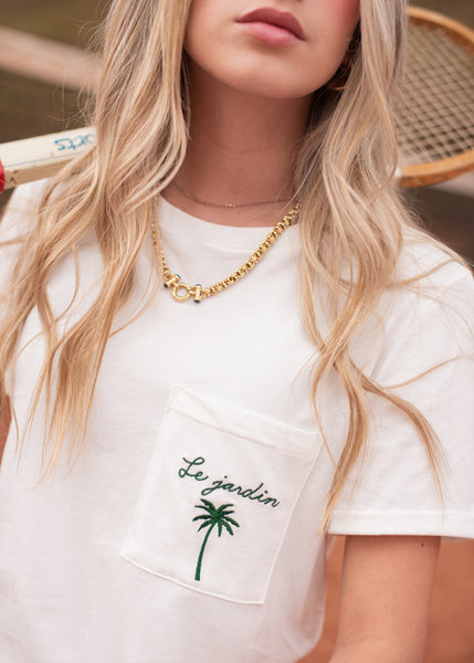 Camiseta con bolsillo y bordado color marfil para mujer - Flashy