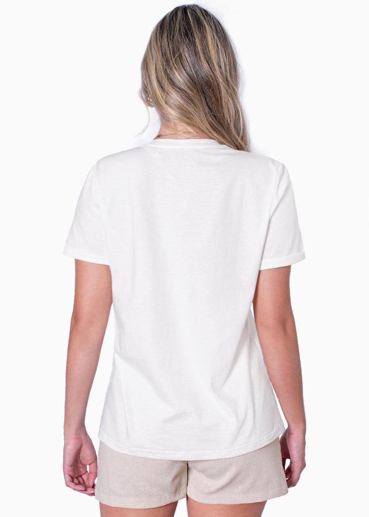 Camiseta con bolsillo y bordado color marfil para mujer - Flashy