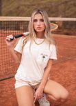 Camiseta con bolsillo y bordado color marfil para mujer - Flashy