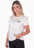 Camiseta con bordado "Oui" y boleros en mangas color blanco, marfil para mujer - Flashy