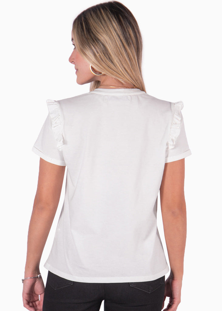Camiseta con bordado "Oui" y boleros en mangas color blanco, marfil para mujer - Flashy