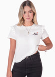 Camiseta con bordado "Oui" y boleros en mangas color blanco, marfil para mujer - Flashy
