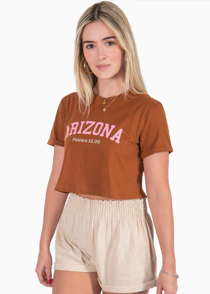 Camiseta con estampado "Arizona" color café, camel para mujer - Flashy