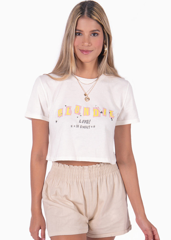 Camiseta corta con estampado "Blondie" color blanco para mujer - Flashy