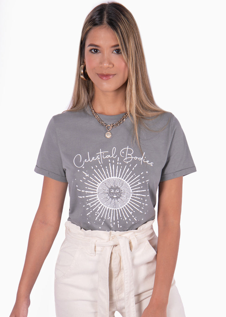 Camiseta con estampado "Celestial bodies" color gris para mujer - Flashy