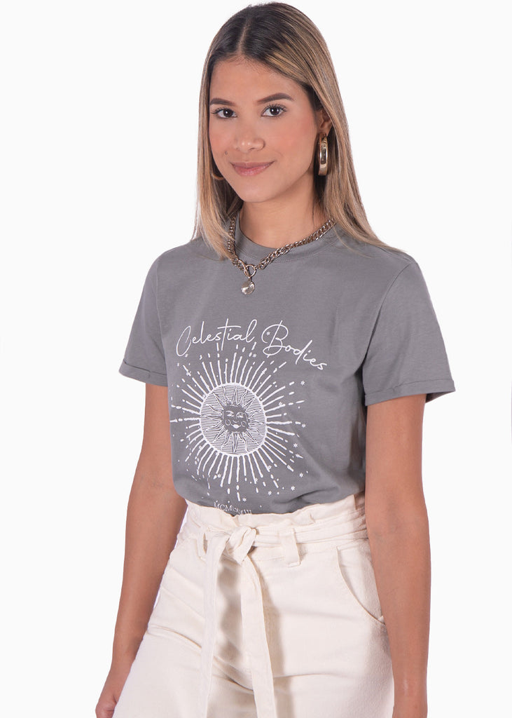 Camiseta con estampado "Celestial bodies" color gris para mujer - Flashy