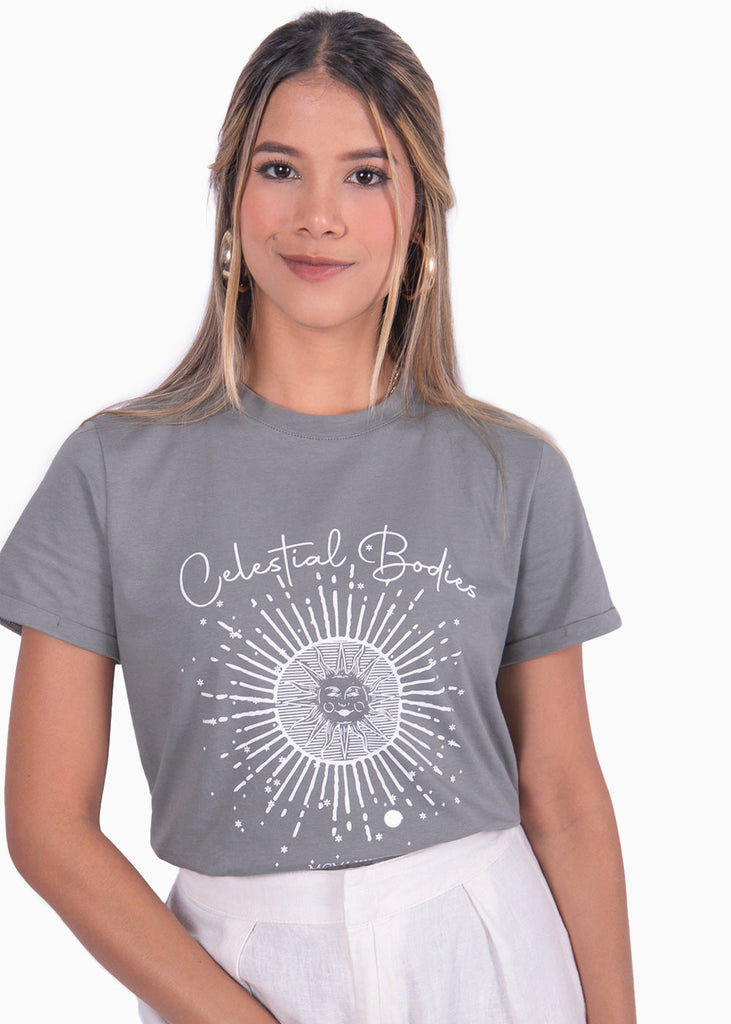 Camiseta con estampado "Celestial bodies" color gris para mujer - Flashy