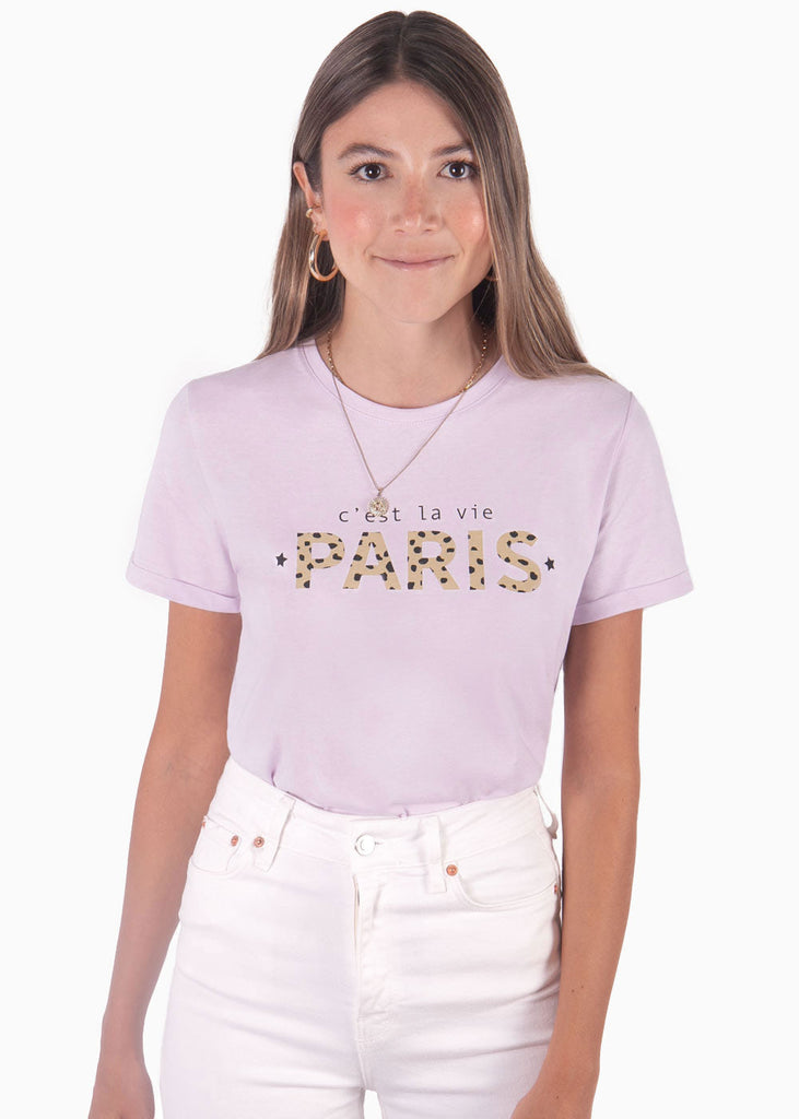 Camiseta con estampado "c'est la vie paris" de animal print color lila, morado para mujer - Flashy