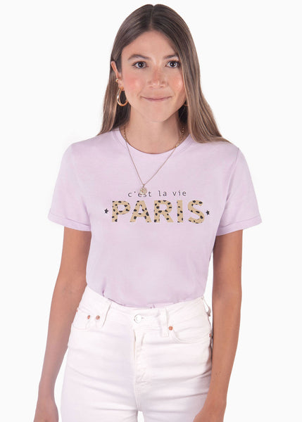 Camiseta con estampado "c'est la vie paris" de animal print color lila, morado para mujer - Flashy